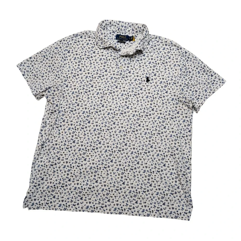 Polo Ralph Lauren Floral Polo Shirt Men's L White Blue Custom Slim Fit Cotton